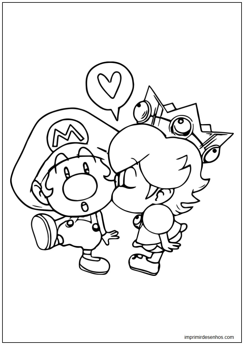 desenho de Mini Mario e Mini Peach para colorir