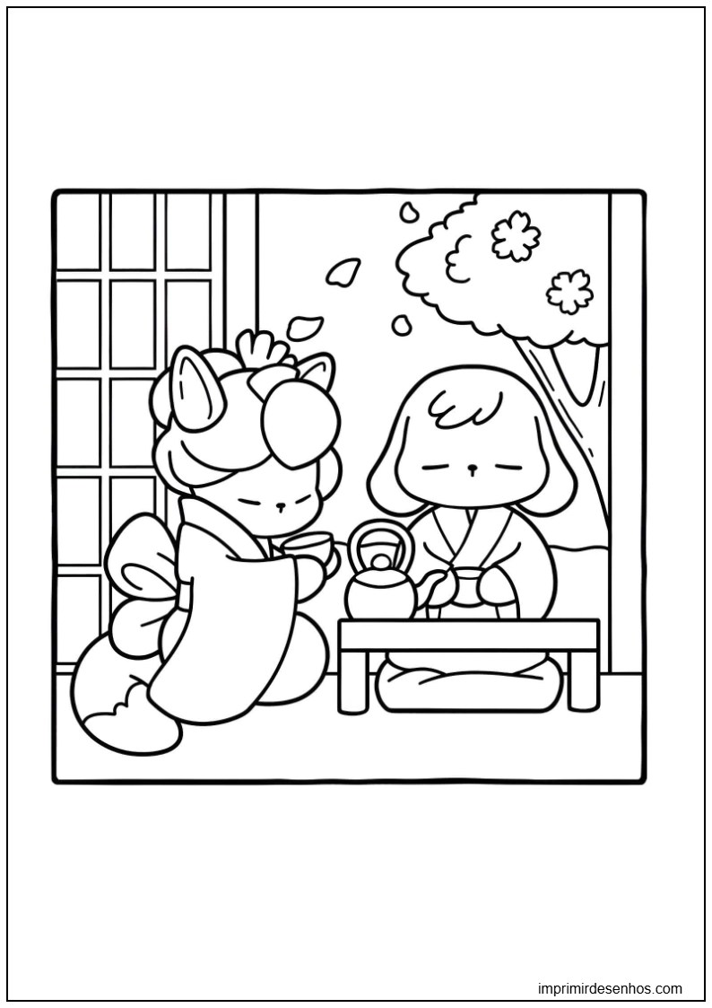 desenho de cerimônia do chá com animais de Bobbie Goods para colorir
