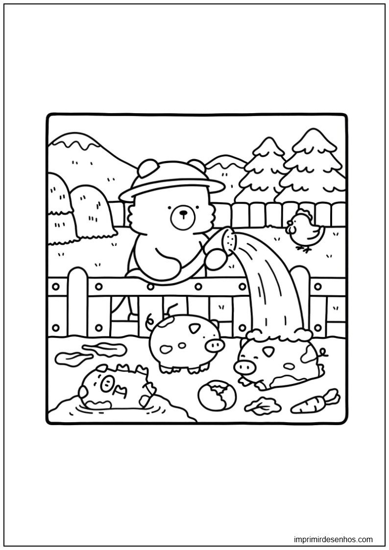 desenho de urso na fazenda com porquinhos de Bobbie Goods para colorir