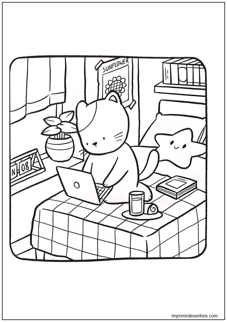 imagem de gato trabalhando no notebook no quarto de Bobbie Goods para imprimir