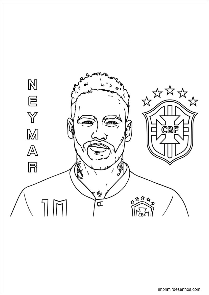 Desenho de imagem de retrato de Neymar Jr com escudo da CBF para colorir para colorir